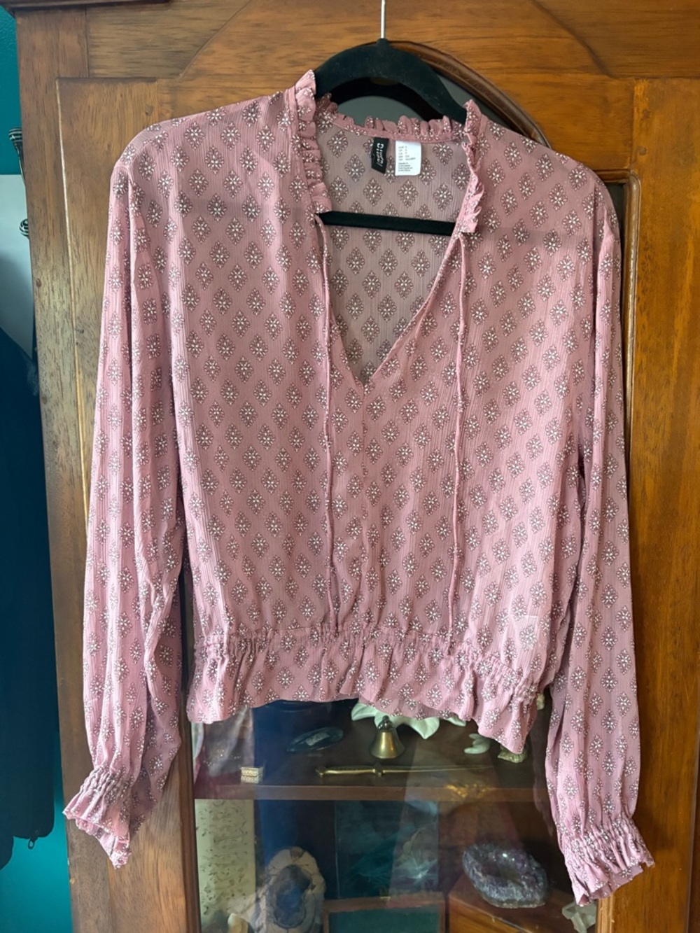 H&M Mauve Printed V-Neck Tie-Front Peasant Top
